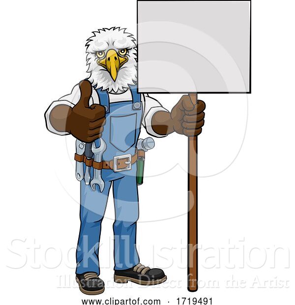 Vector Illustration of Cartoon Eagle Mascot Handyman Holding Sign