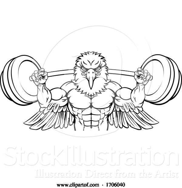 Vector Illustration of Cartoon Eagle Mascot Weight Lifting Barbell Body Builder