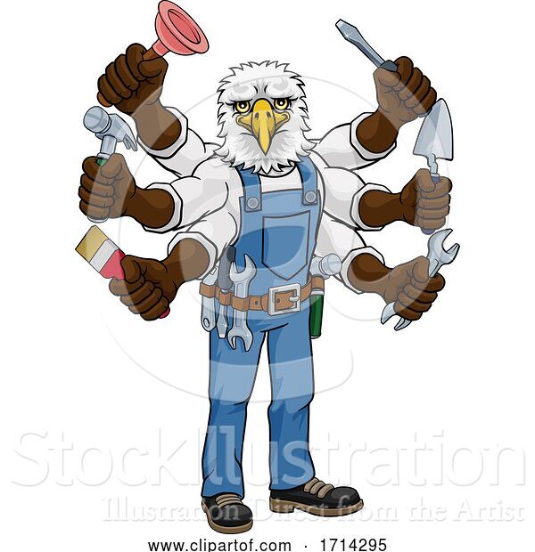 Vector Illustration of Cartoon Eagle Multitasking Handyman Holding Tools