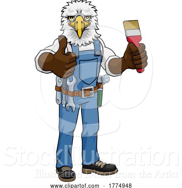 Vector Illustration of Cartoon Eagle Painter Decorator Holding Paintbrush