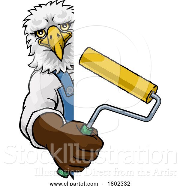 Vector Illustration of Cartoon Eagle Painter Decorator Paint Roller Mascot Guy