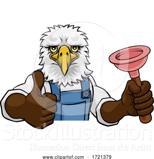 Vector Illustration of Cartoon Eagle Plumber Mascot Holding Plunger