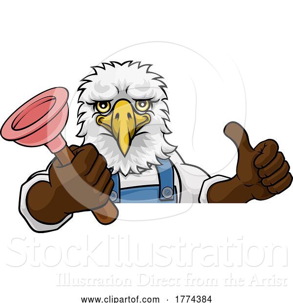 Vector Illustration of Cartoon Eagle Plumber Mascot Holding Plunger