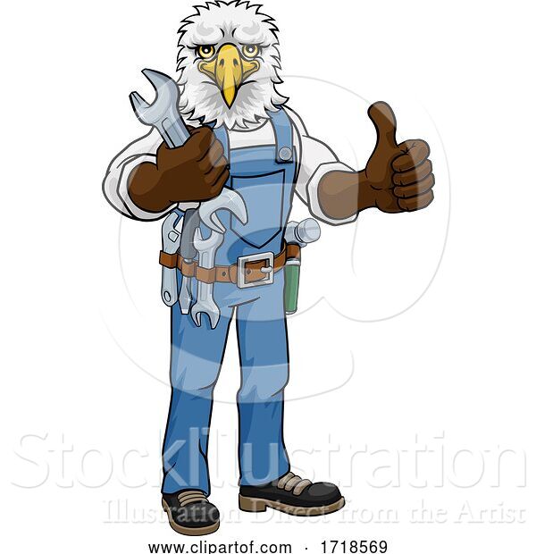 Vector Illustration of Cartoon Eagle Plumber or Mechanic Holding Spanner