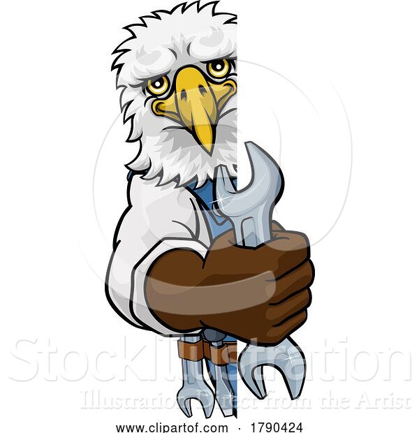 Vector Illustration of Cartoon Eagle Plumber or Mechanic Holding Spanner