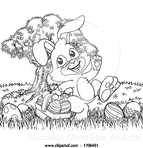 Vector Illustration of Cartoon Easter Bunny Rabbit Eggs Basket Background Cartoon
