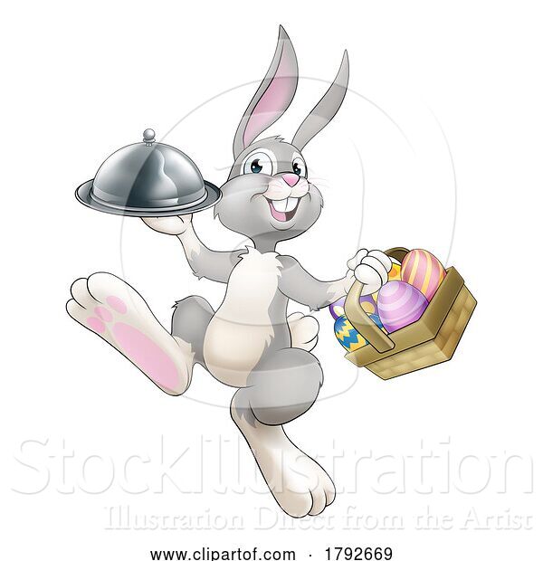 Vector Illustration of Cartoon Easter Bunny Rabbit Food Tray Cloche Chef
