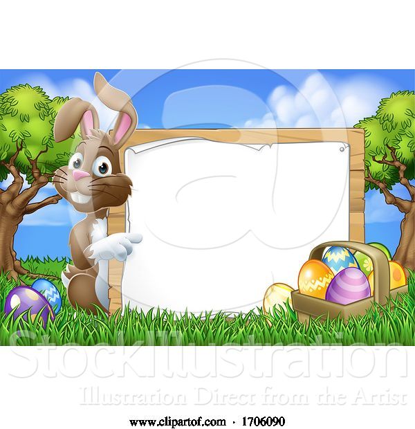 Vector Illustration of Cartoon Easter Bunny Sign Eggs Basket Background Cartoon