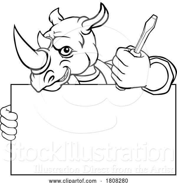 Vector Illustration of Cartoon Electrician Rhino Screwdriver Tool Handyman