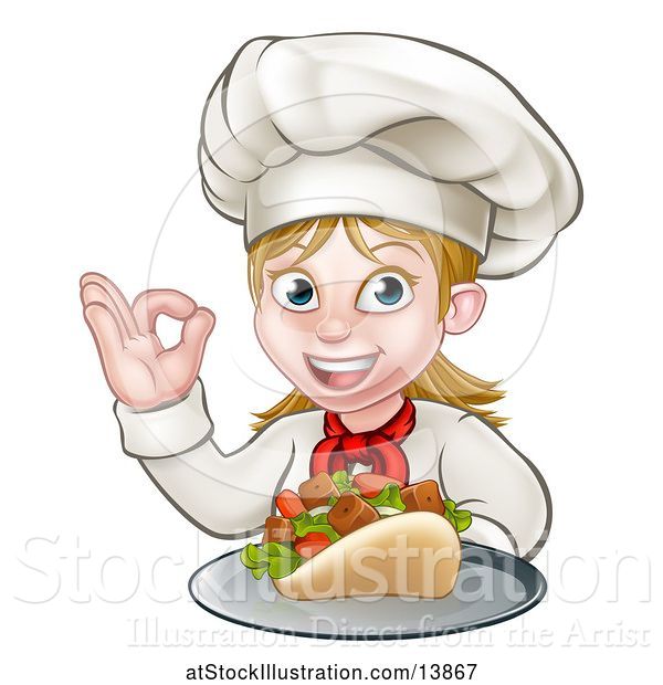 Vector Illustration of Cartoon Female Chef Holding a Kebab on a Tray and Gesturing Perfect