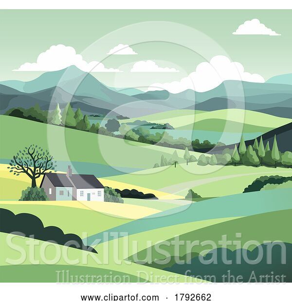 Vector Illustration of Cartoon Fields Hills Farm House Landscape Background
