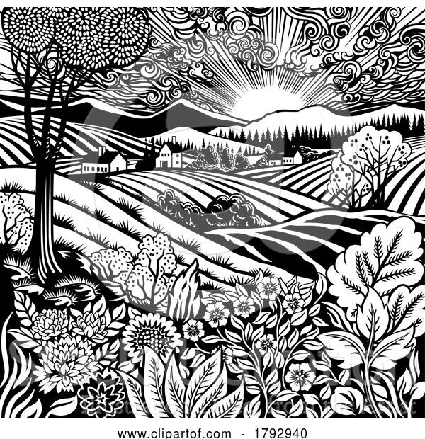 Vector Illustration of Cartoon Fields Rolling Hills Farm Land Flowers Background