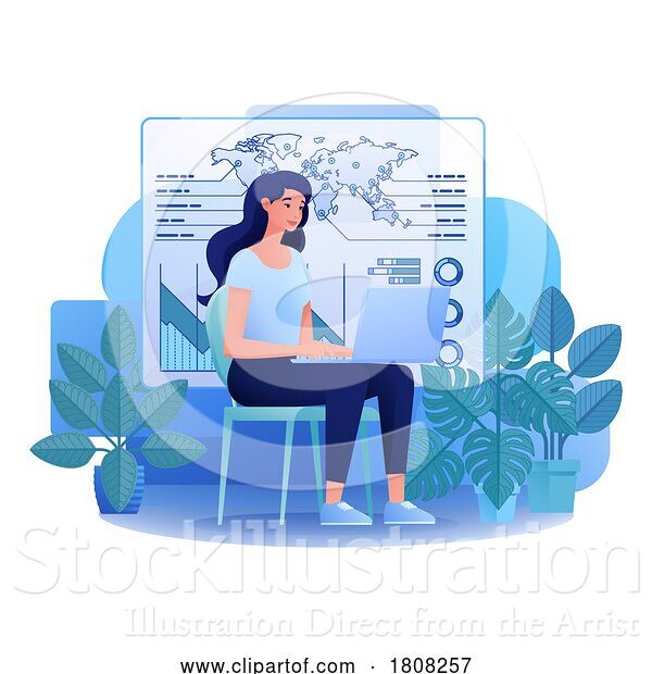 Vector Illustration of Cartoon Finance Analysis Lady Remote Working Cartoon