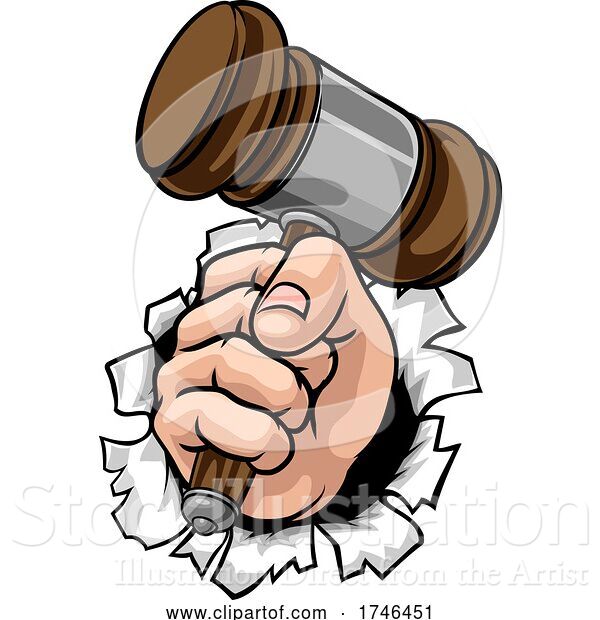 Vector Illustration of Cartoon Fist Hand Holding Judge Hammer Gavel Cartoon