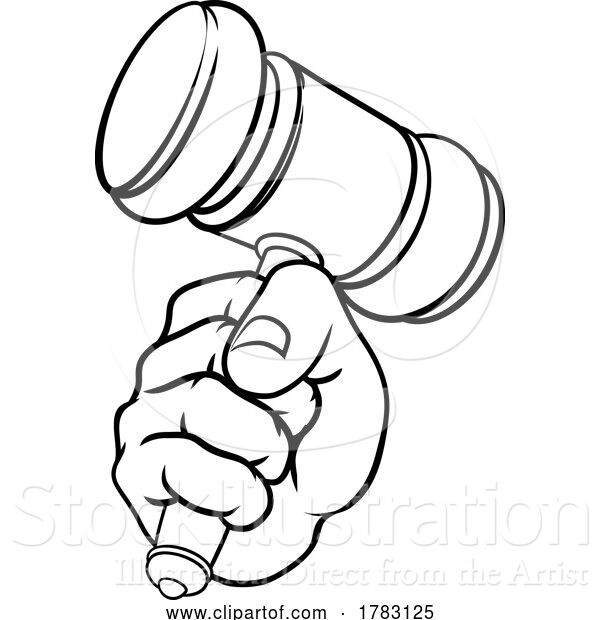 Vector Illustration of Cartoon Fist Hand Holding Judge Hammer Gavel Cartoon
