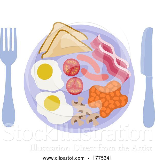 Vector Illustration of Cartoon Fried Breakfast Food Knife Fork Plate Illustration