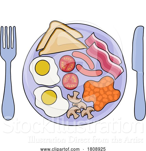 Vector Illustration of Cartoon Fried Breakfast Food Knife Fork Plate Illustration