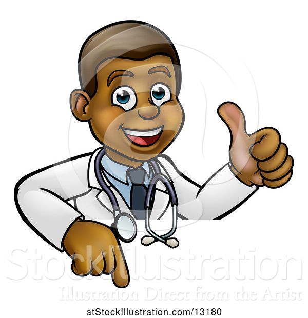 Vector Illustration of Cartoon Friendly Black Male Doctor Giving a Thumb up over a Sign