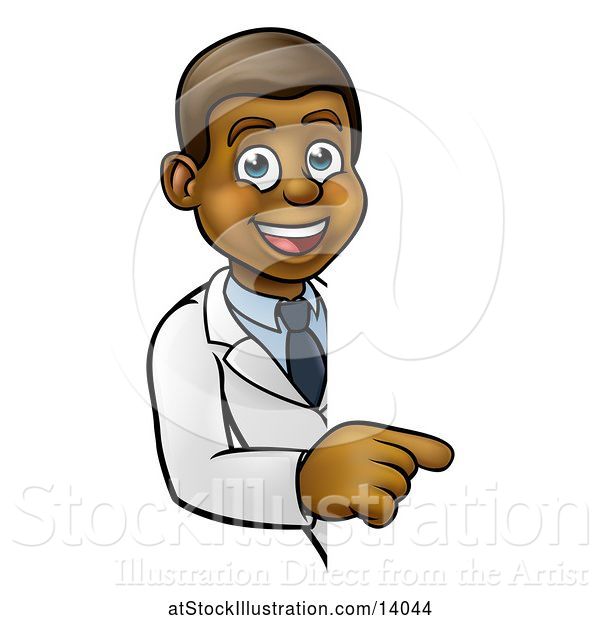 Vector Illustration of Cartoon Friendly Black Male Doctor Pointing Around a Sign