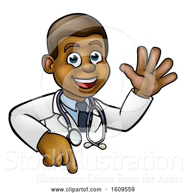 Vector Illustration of Cartoon Friendly Black Male Doctor Waving over a Sign