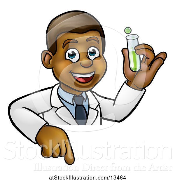 Vector Illustration of Cartoon Friendly Black Male Scientist Holding a Test Tube over a Sign