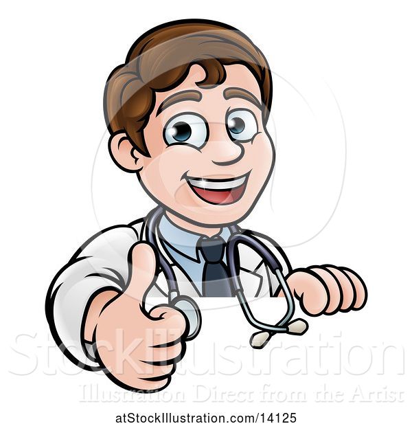 Vector Illustration of Cartoon Friendly Brunette White Male Doctor Giving a Thumb up over a Sign