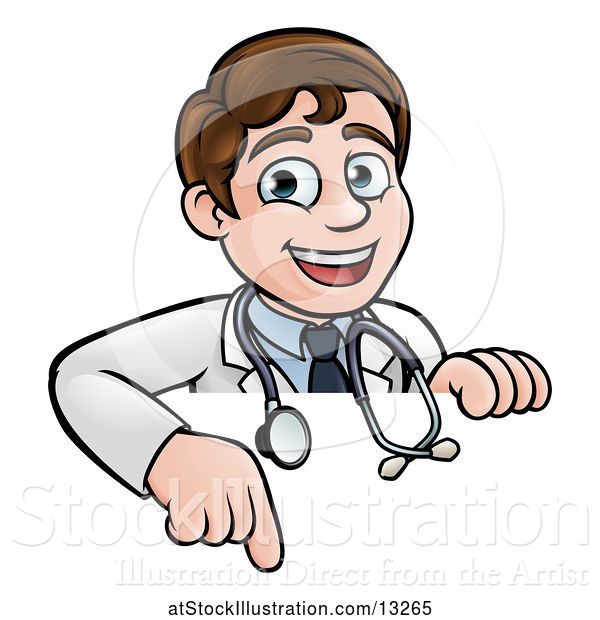 Vector Illustration of Cartoon Friendly Brunette White Male Doctor Pointing down over a Sign