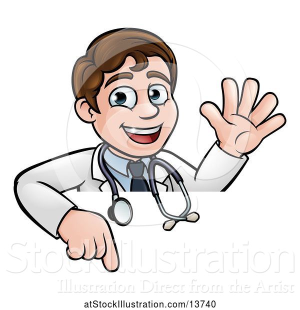 Vector Illustration of Cartoon Friendly Brunette White Male Doctor Waving over a Sign