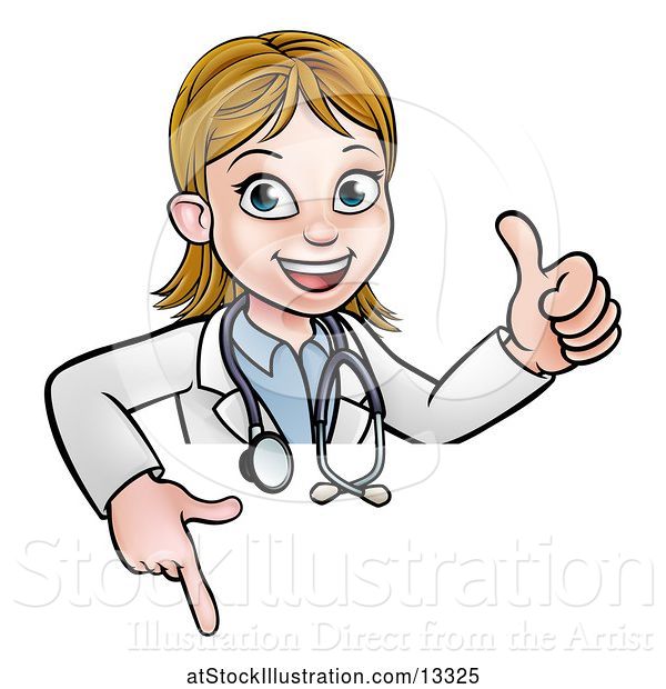 Vector Illustration of Cartoon Friendly White Female Doctor Holding a Thumb up and Pointing down over a Sign