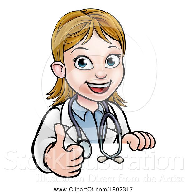 Vector Illustration of Cartoon Friendly White Female Doctor Holding a Thumb up over a Sign