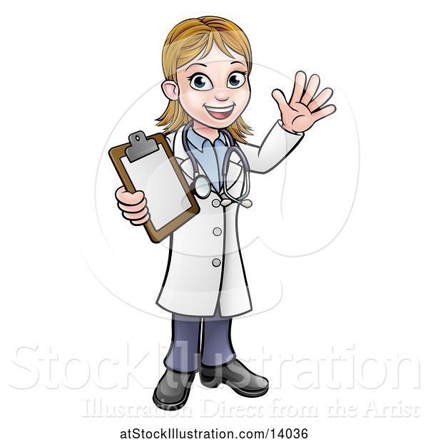 Vector Illustration of Cartoon Friendly White Female Doctor Waving and Holding a Clipboard