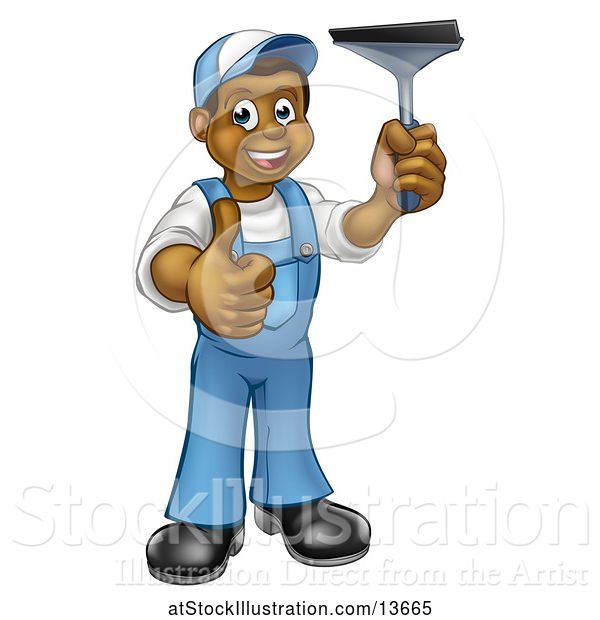 Vector Illustration of Cartoon Full Length Black Male Window Cleaner in Blue, Giving a Thumb up and Holding a Squeegee