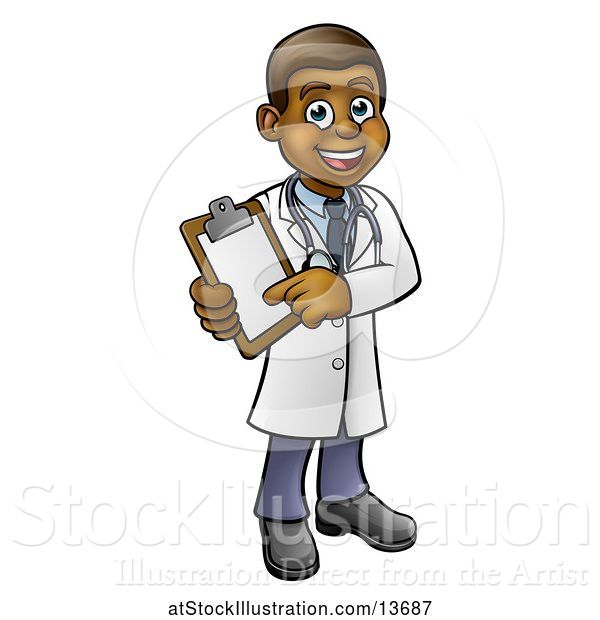 Vector Illustration of Cartoon Full Length Friendly Black Male Doctor Holding a Clipboard