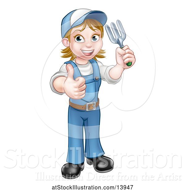 Vector Illustration of Cartoon Full Length Happy White Female Gardener Holding a Garden Fork and Thumb up