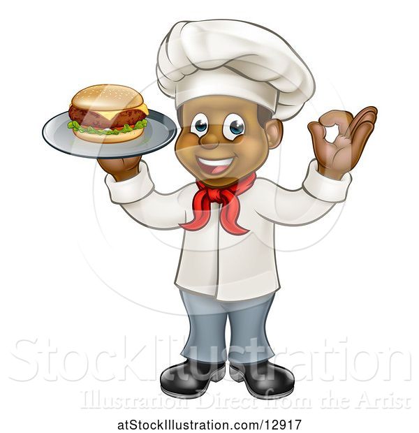 Vector Illustration of Cartoon Full Length Male Chef Holding a Cheese Burger on a Tray and Gesturing Perfect