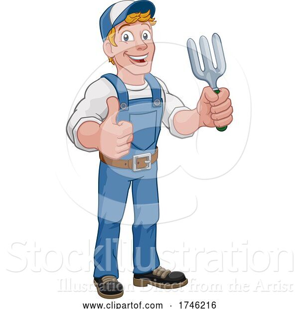 Vector Illustration of Cartoon Gardener Garden Fork Tool Handyman Guy