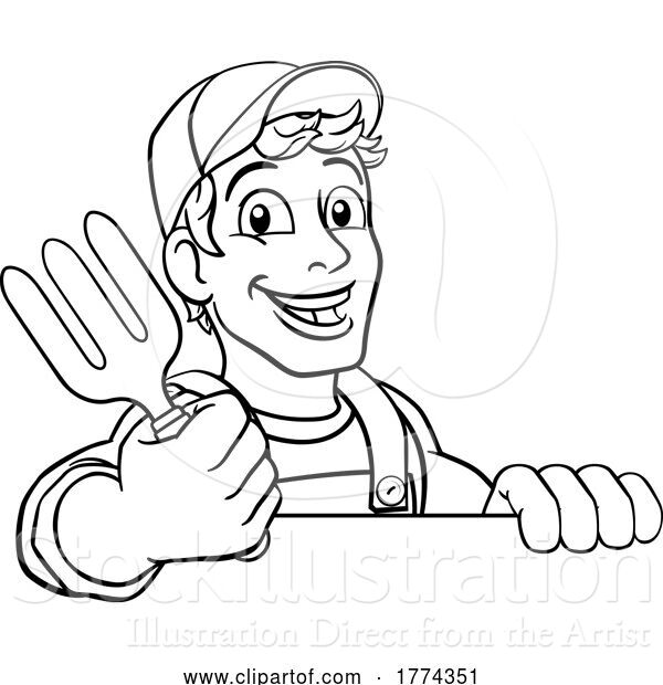 Vector Illustration of Cartoon Gardener Garden Fork Tool Handyman Guy