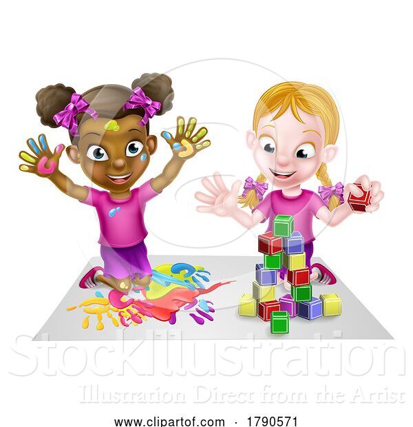 Vector Illustration of Cartoon Girls Playing with Paint and Blocks