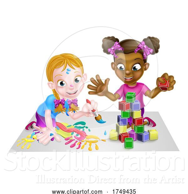 Vector Illustration of Cartoon Girls Playing with Paints and Blocks