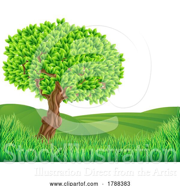 Vector Illustration of Cartoon Grass Field Hills Grasslands Tree Landscape