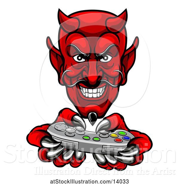 Vector Illustration of Cartoon Grinning Evil Red Devil Playing with a Video Game Controller