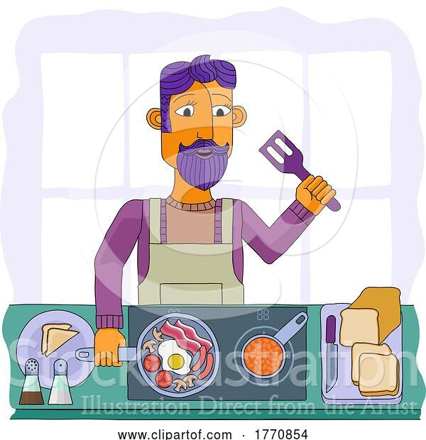 Vector Illustration of Cartoon Guy Cooking Food Fried English Breakfast Kitchen