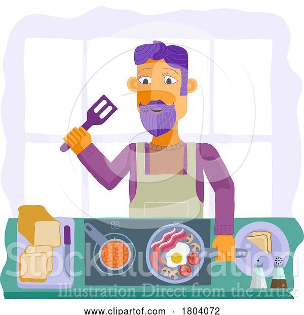 Vector Illustration of Cartoon Guy Cooking Food Fried English Breakfast Kitchen