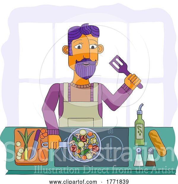 Vector Illustration of Cartoon Guy Cooking Vegetable Curry Chinese Food Kitchen