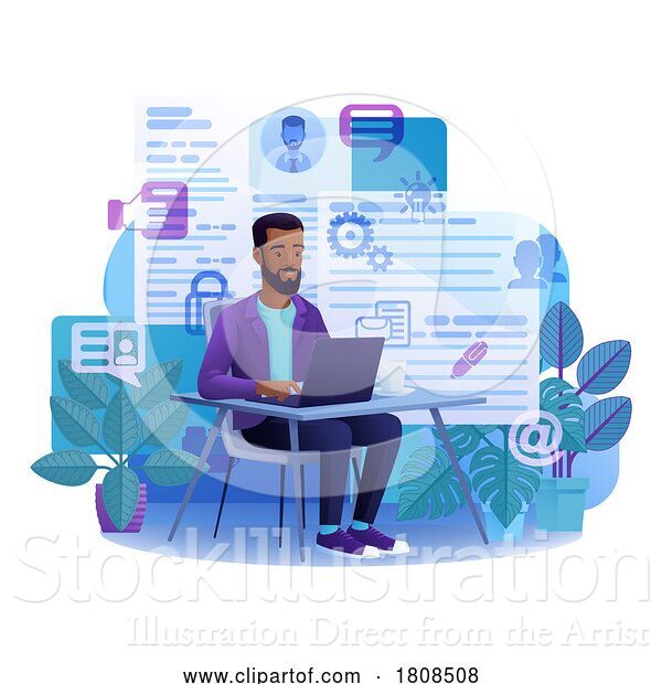 Vector Illustration of Cartoon Guy Laptop Online Remote Working Internet Cartoon