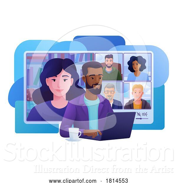 Vector Illustration of Cartoon Guy Online Video Call Team Meeting Laptop Cartoon