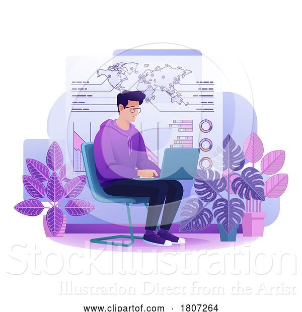 Vector Illustration of Cartoon Guy Working Laptop Business Report Illustration
