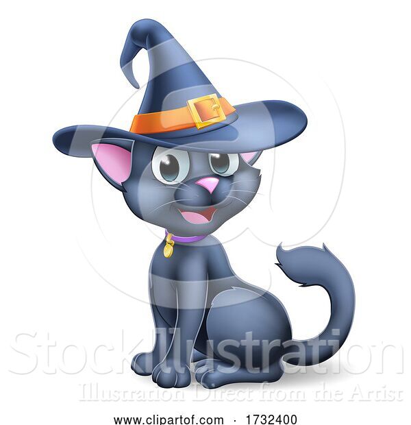 Vector Illustration of Cartoon Halloween Black Cat in Witch Hat Cartoon