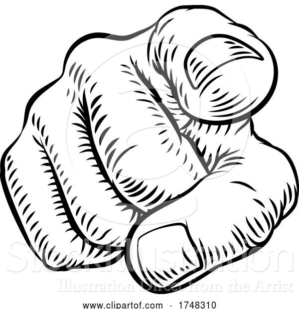Vector Illustration of Cartoon Hand Pointing Finger at You Vintage Woodcut Style