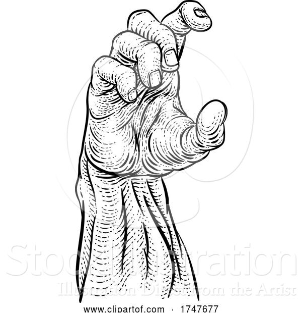 Vector Illustration of Cartoon Hand Reaching Engraved Woodcut Vintage Style